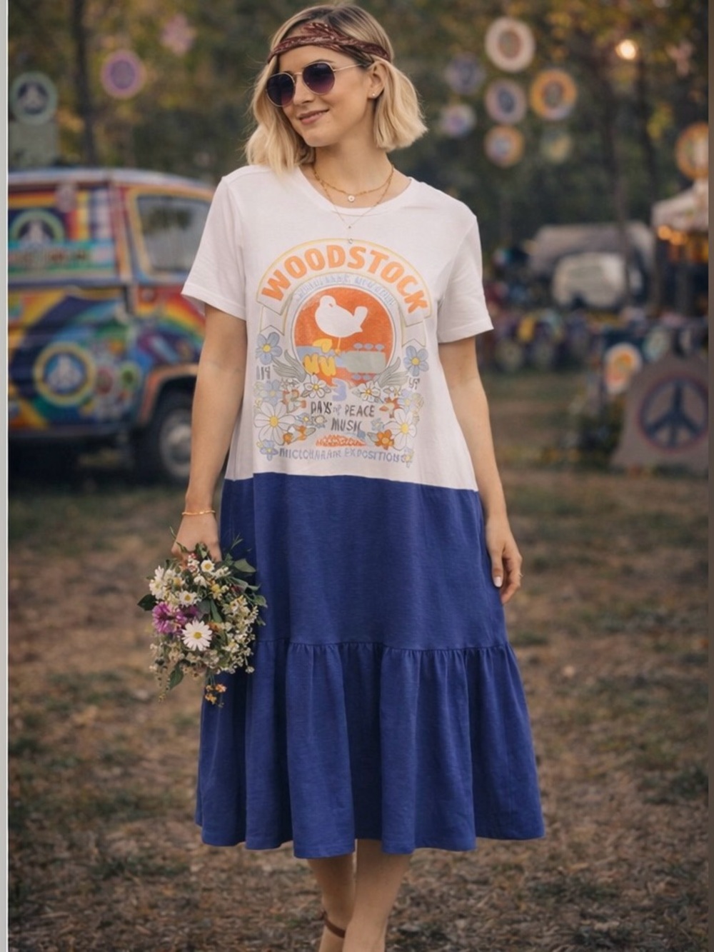 Custom Upcycled Woodstock Graphic Tee Shirt Dress Size L